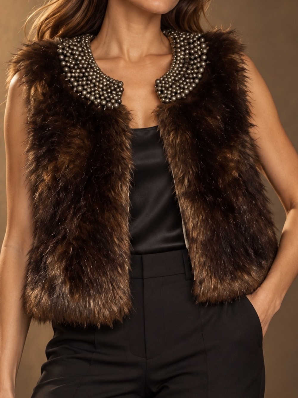 Gryphon New York Faux Fur Rocker Vest Beaded Neckline Sz. M